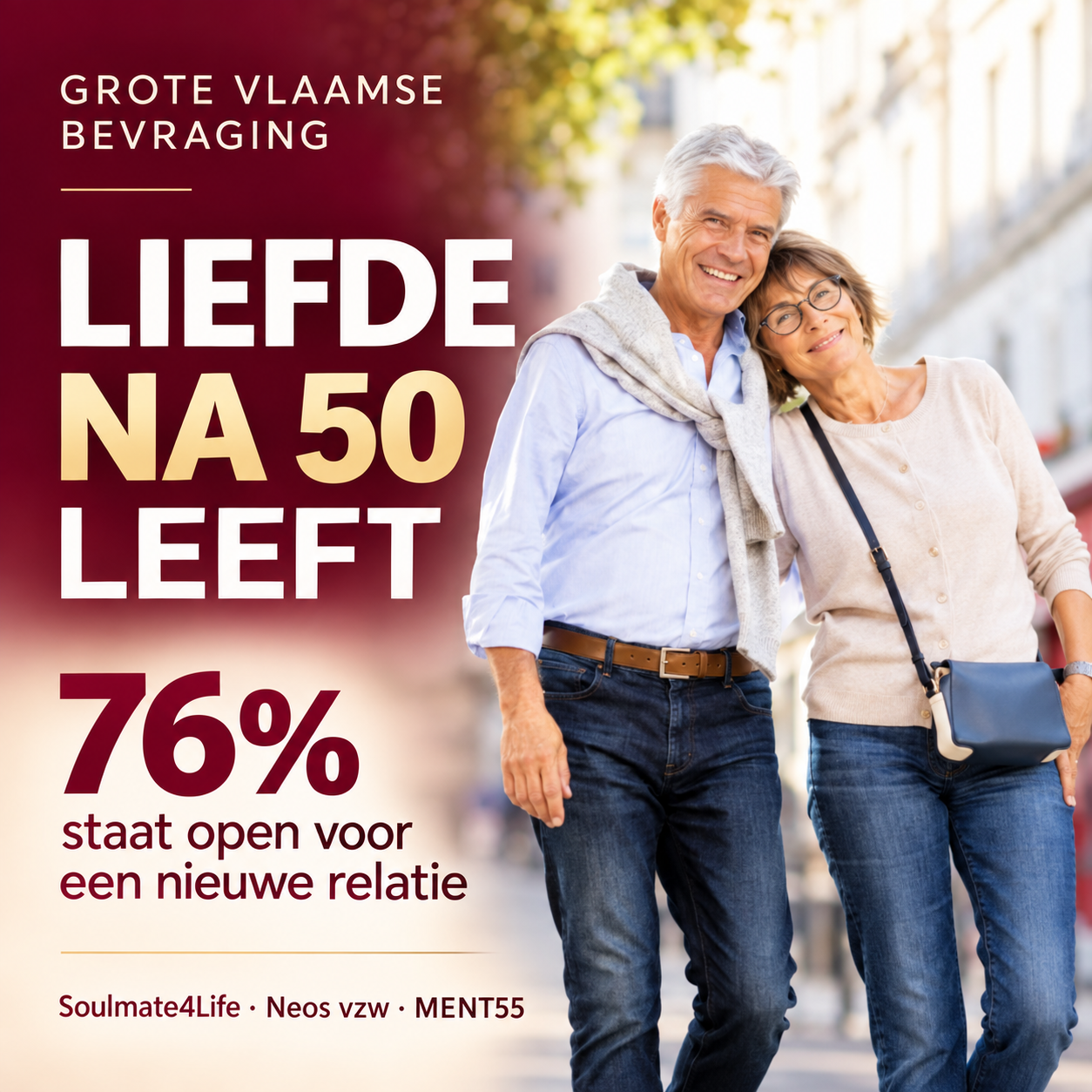 Liefde na 50 leeft: 76% staat open voor een nieuwe relatie – Grote Vlaamse Bevraging van Soulmate4Life, Neos vzw en MENT55